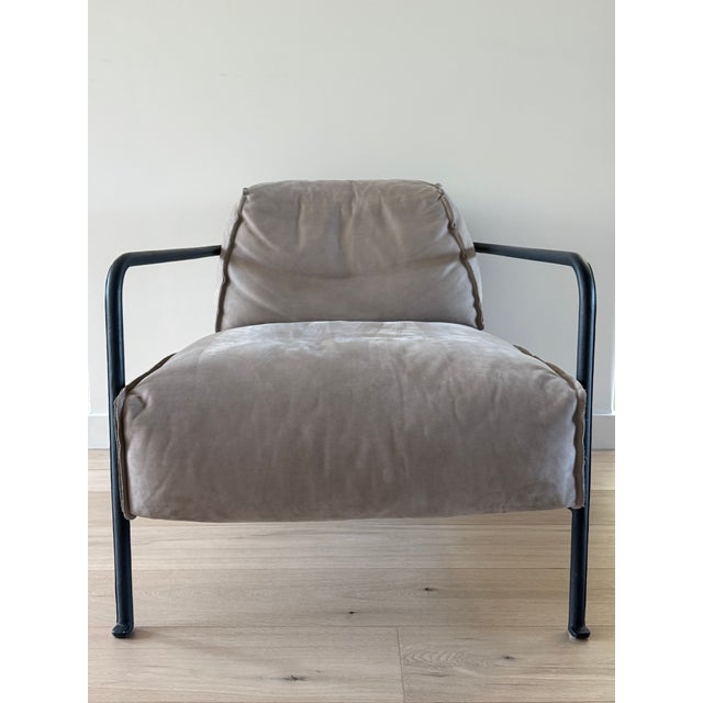 Contemporary Pair of Baxter "Bruxelles" Armchairs by Paola Navone in Grey Suede & Anthracite Leather For Sale - Image 3 of 8