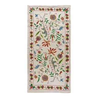20"x40" Modern 100% Silk Embroidered Suzani Wall Hanging, New Uzbek Table Cover For Sale