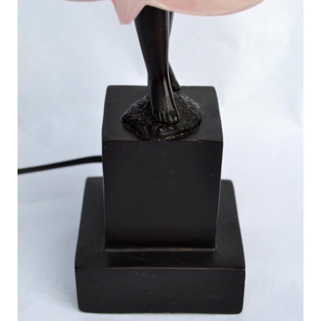 Bronze 1970s Art Deco Bruno Zach Attributed Bronze Sculpture Female Dancer Table Lamp Art Glass Shade For Sale - Image 8 of 15