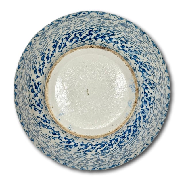 Royal Blue Best Large 13 Inch Antique American Blue Spongeware Decorated Stoneware Kitchen Mixing Bowl in Excellent Condition For Sale - Image 8 of 18