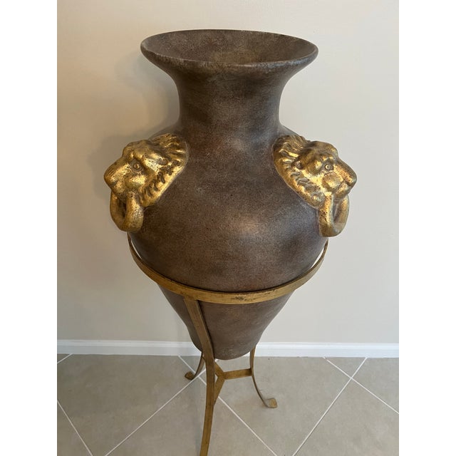 Vintage Floor Amphora Urn With Lionhead Ring Handles For Sale - Image 4 of 5