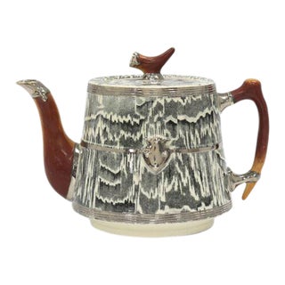 1930s English Silver Shield Faux Bois Tea Pot For Sale