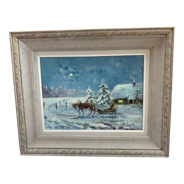 1960s Arvids Skulte Original Oil on Canvas - "Ziemā" (Winter Sleigh Scene) 18” X 22” For Sale