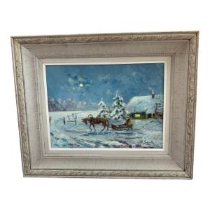 1960s Arvids Skulte Original Oil on Canvas - "Ziemā" (Winter Sleigh Scene) 18” X 22”