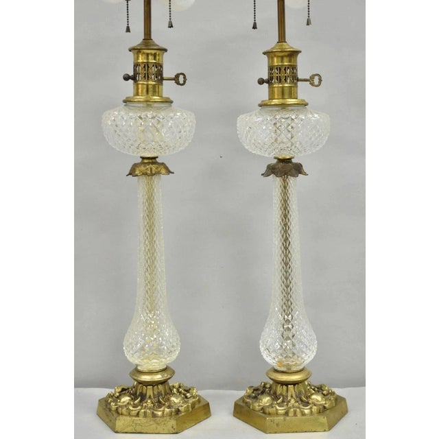 Traditional Vintage French Empire Brass & Crystal Glass Column "Oil Lamp" Table Lamps, Pair For Sale - Image 3 of 12