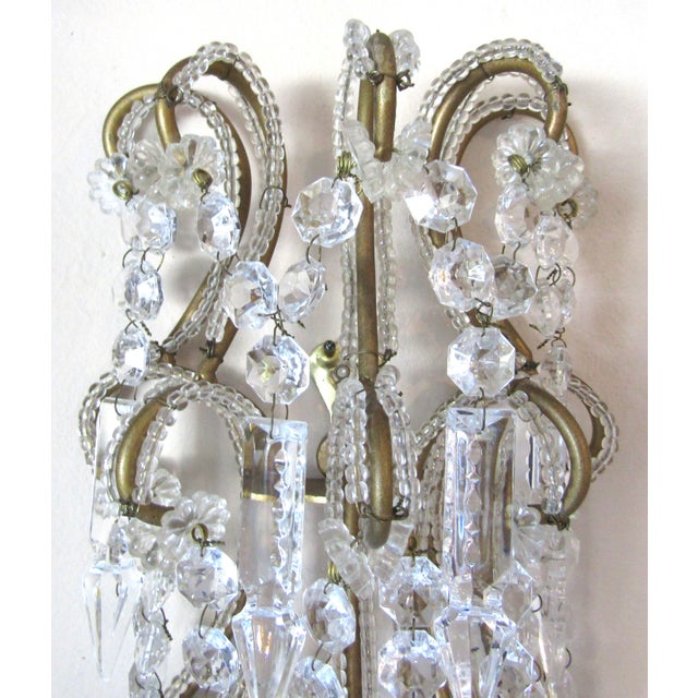 Italian 1960s Matched Pair Vintage Italian Beaded Crystal and Iron Lighted Wall Sconces For Sale - Image 3 of 11