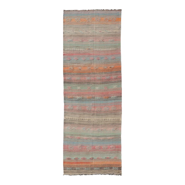 Vintage Turkish Kilim Runner With Pastel Coral, Sage and Blue Stripes For Sale