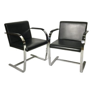 Pair of Mies Van Der Rohe Brno Style Flat Bar Chair in Black Leather, 1990s For Sale