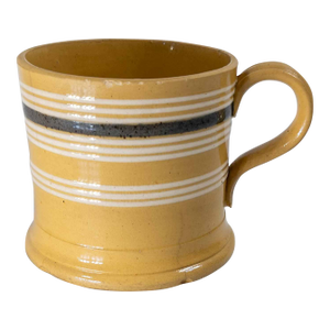 19th Century American Yellowware Mocha Mug With White and Black Rings