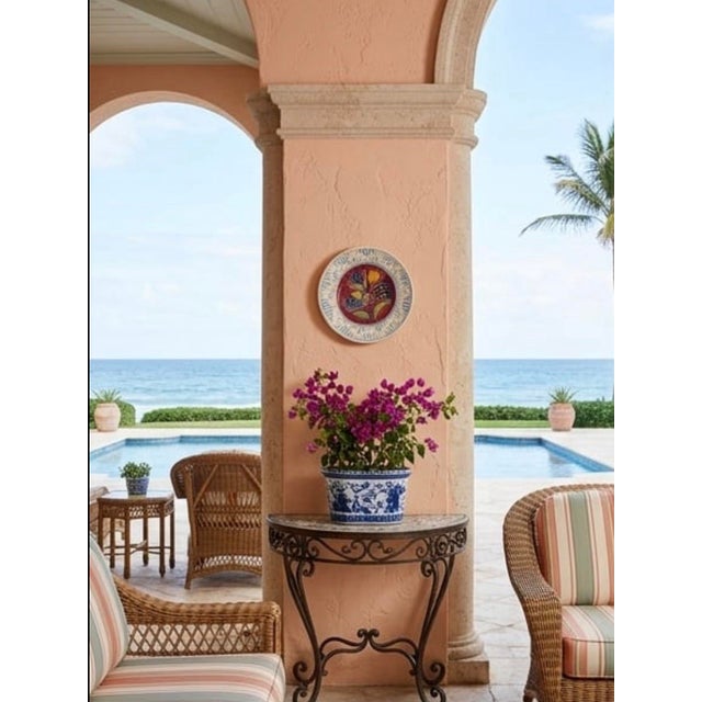 Maroon Vintage Hand-Painted Mediterranean Style Terracotta Ceramic Wall Plate – Bird & Tulip Motif For Sale - Image 8 of 11
