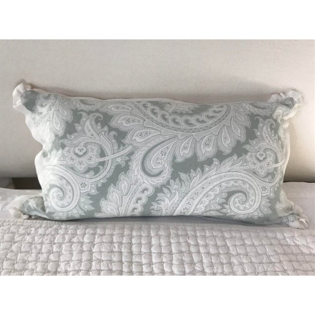 Abstract Paisley Designer Linen Pillows With Pleated Flange Border in Grayish Green and White - Set of 2 For Sale - Image 3 of 9