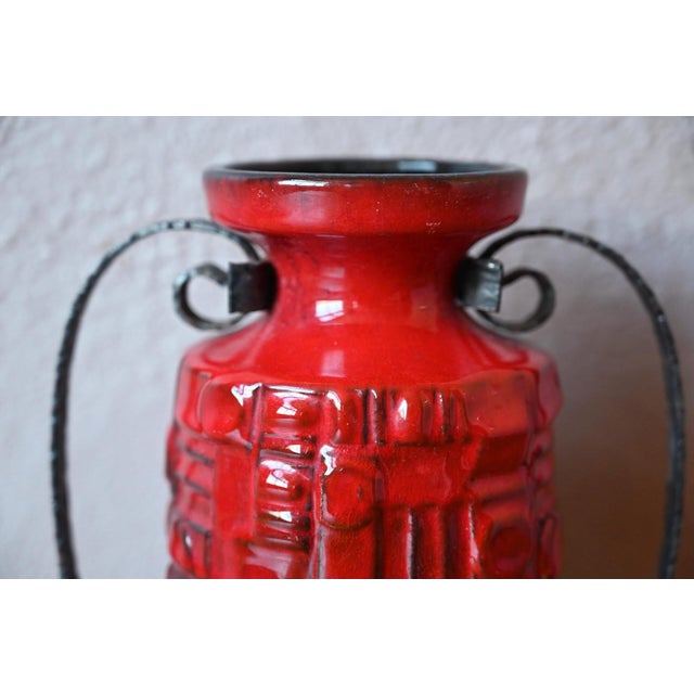 West German Pottery Red Ceramic Floor Vase with Wrought Iron Frame, 1960s For Sale - Image 3 of 9