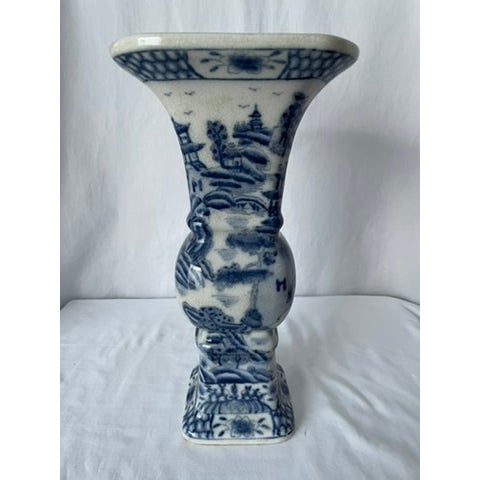 Vintage Chinese Blue and White Trumpet Vase. Adorned with pagodas, trees and outdoor scenes. 12.5"T x 6.5' Sq at top x 4"...