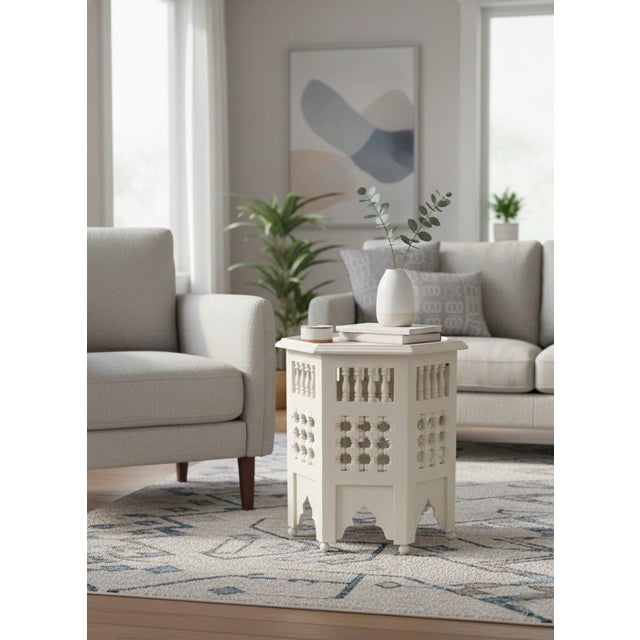 Wood Contemporary Moroccan Octagonal Hand-Carved White Inlaid Side Table For Sale - Image 7 of 9