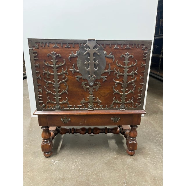 Late 20th Century Late 20th Century Vintage Tudor Style Wood and Iron Trunk on Stand For Sale - Image 5 of 12