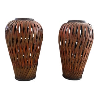 Pair of Late 20th Century Boho Chic Slatted Bamboo Floor Vases For Sale