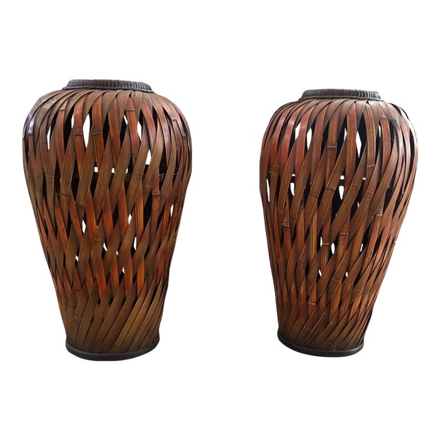 Pair of Late 20th Century Boho Chic Slatted Bamboo Floor Vases For Sale