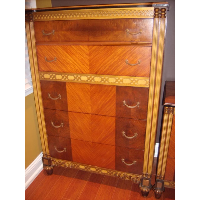 Antique / Retro / Vintage Bedroom Furniture Set: Upright Dresser / Full size Headboard / Nightstand / Desk. All pieces are...