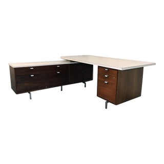 1961 Robert John Walnut Executive L-Unit Desk With Incorporated Credenza For Sale