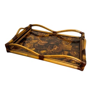 Late 20th Century Rattan, Leather & Shell Ottoman Tray by Palecek, Large For Sale