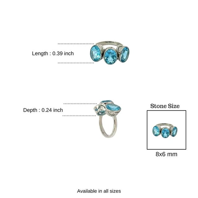 Metal Antique Three Stone 6.69 Carat Faceted Blue Topaz Ring in 925 Solid Silver - Size 7.5 For Sale - Image 7 of 10
