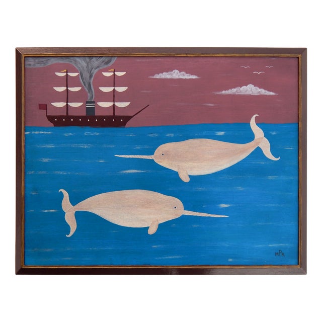 Matt Rix, Naive Style Narwhals and Steamship, Oil on Board For Sale