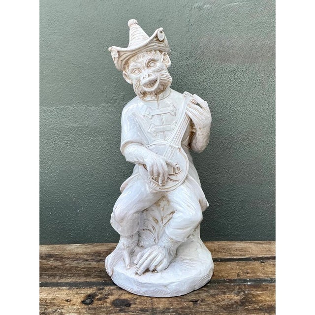Mid-Century Modern Vintage White Ceramic Monkey Musician Figure For Sale - Image 3 of 12