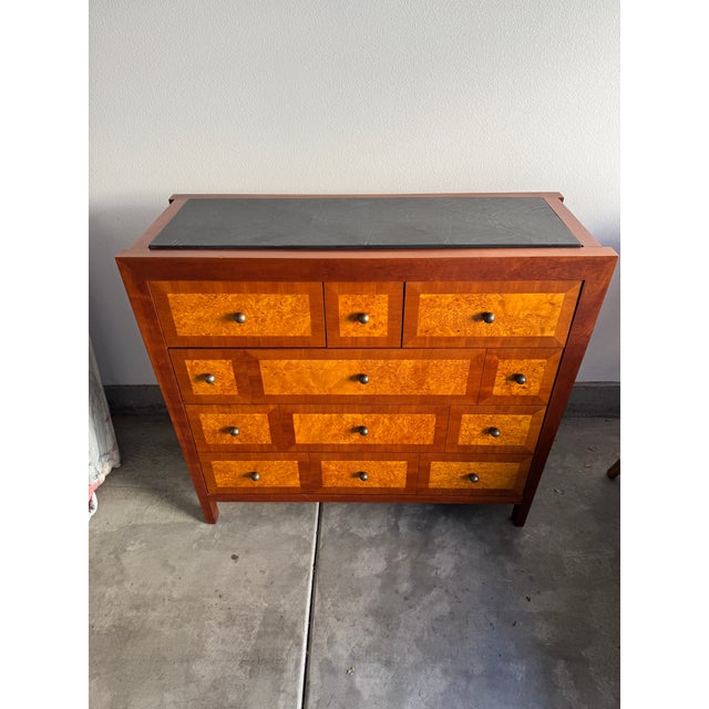 Art Deco Vintage Baker Furniture Burl and Mahogany Chest With Slate Top – Postmodern / Art Deco Influence For Sale - Image 3 of 10