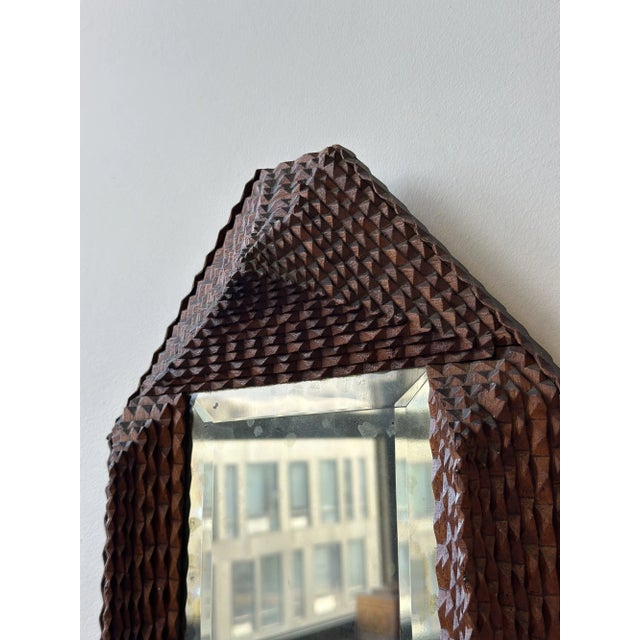 Brown Antique Geometric Chip Carved Wall Pocket / Comb Box With Beveled Glass Mirror, Circa Late 19th Century For Sale - Image 8 of 17