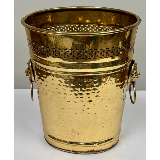 Hollywood Regency Vintage Hammered Brass Lion Handle Wastebasket or Umbrella Stand For Sale - Image 3 of 9