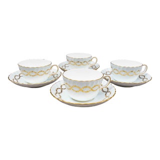 Late 20th Century Minton England S600 Gold Laurel Leaves Light Blue Tea Cup & Saucer Set- 8 Pieces For Sale