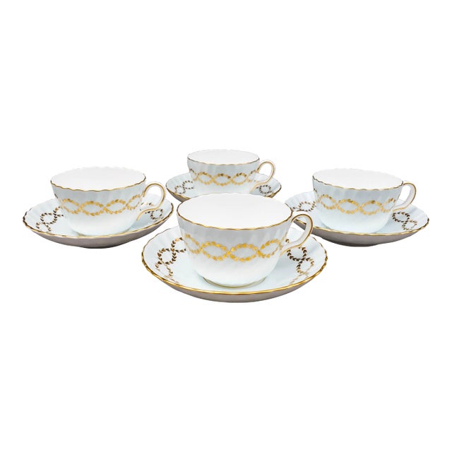 Late 20th Century Minton England S600 Gold Laurel Leaves Light Blue Tea Cup & Saucer Set- 8 Pieces For Sale