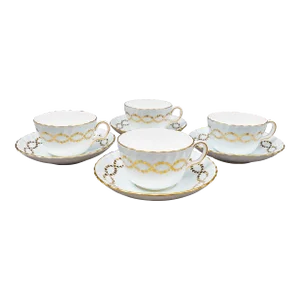 Late 20th Century Minton England S600 Gold Laurel Leaves Light Blue Tea Cup & Saucer Set- 8 Pieces