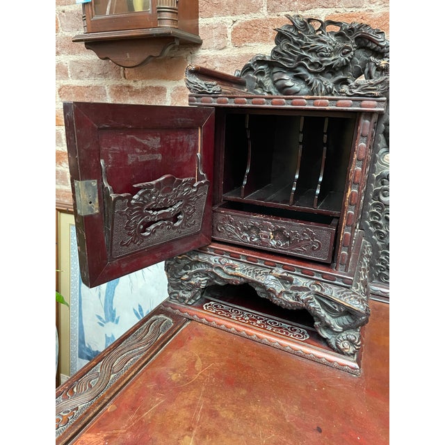 Early 20th Century Carved Wood Dragon Writing Desk With Fitted Cabinet and Shelves For Sale In Washington DC - Image 6 of 6