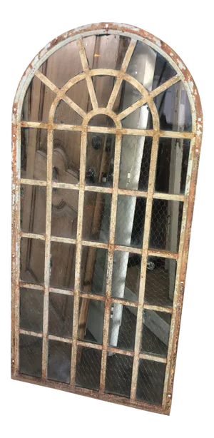 1920s Vintage Industrial Arched Metal Chicken Wire Glass Window