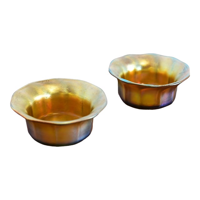 Louis Comfort Tiffany Favrile Iridescent Art Glass Salt Cellars, Pair For Sale