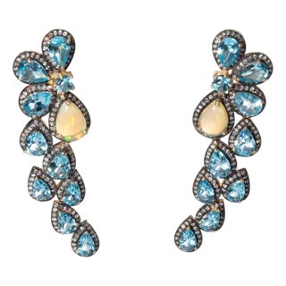 1990s Pair of Blue Topaz Diamond and Opal Dangle Earrings For Sale