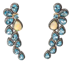 Blue Topaz Diamond and Opal Dangle Earrings