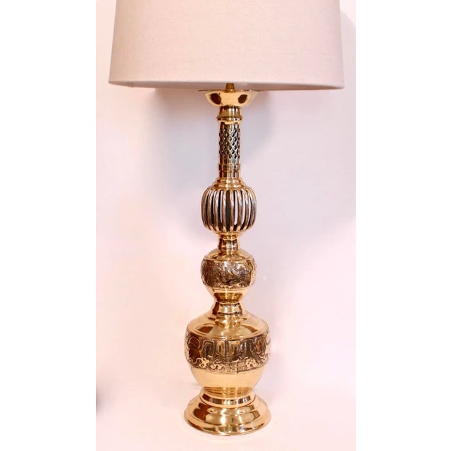 Mid-Century Modern Large Chinese Brass Prickets Adapted Into Lamps - a Pair For Sale - Image 3 of 12