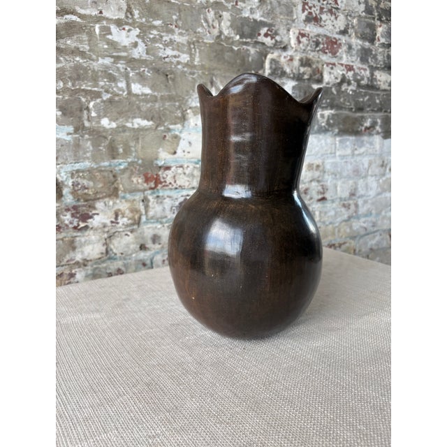 Contemporary Puebla Pottery Large Ruffled Vase (Chocolate) For Sale - Image 3 of 6