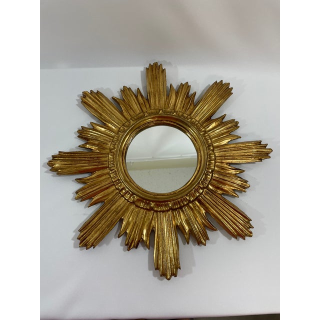 Mid-Century Modern Mid 20th Century Large 18" Bright Gold Italian Giltwood Sunburst Wall Mirror For Sale - Image 3 of 15