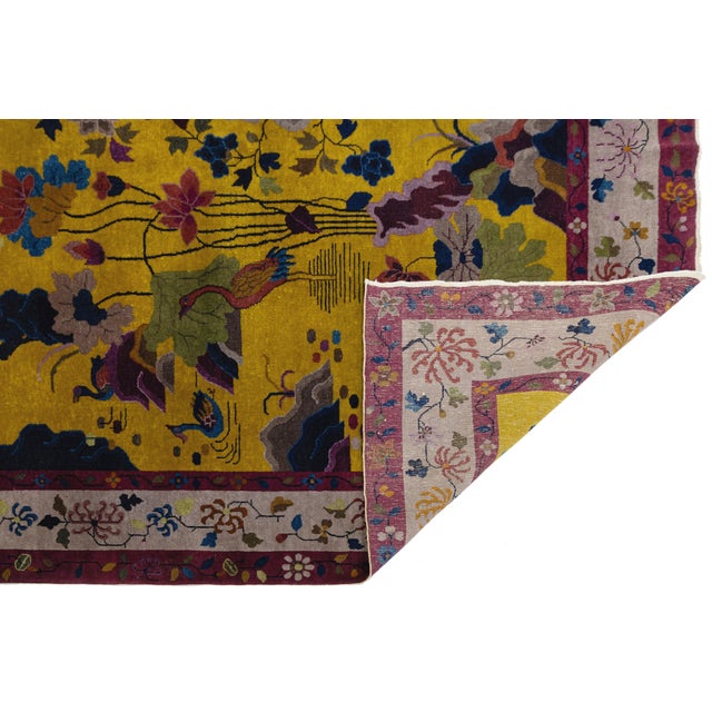 Art Deco Antique Chinese Art Deco "Peking" Gold Wool Area Rug Garden Motif (1920s) For Sale - Image 3 of 12