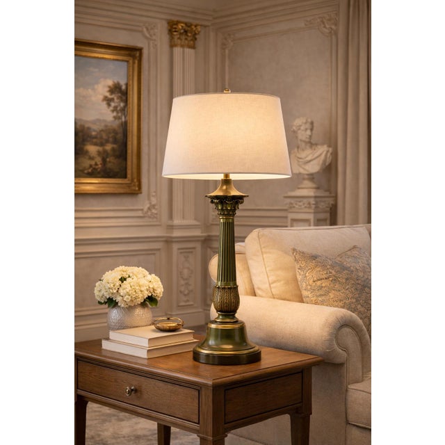 Vintage Neoclassical Green & Brass Column Table Lamp – Fluted Corinthian Style, 32” For Sale In Los Angeles - Image 6 of 6