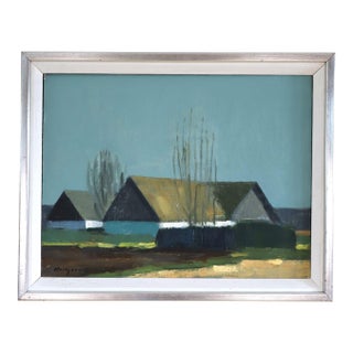 Mid-Century Modern 'Quiet Farmstead' Vintage Original Landscape Oil Painting, Framed For Sale