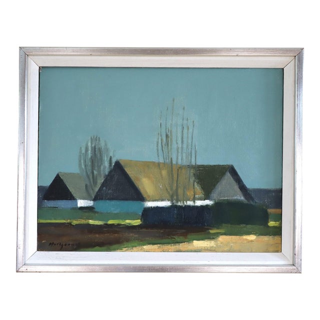 Mid-Century Modern 'Quiet Farmstead' Vintage Original Landscape Oil Painting, Framed For Sale