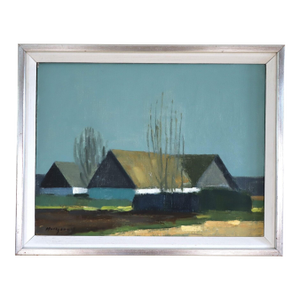 Mid-Century Modern 'Quiet Farmstead' Vintage Original Landscape Oil Painting, Framed