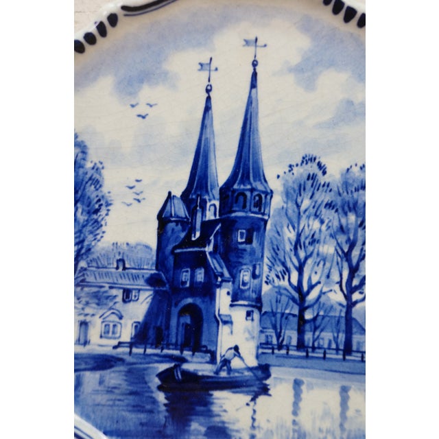 Antique Dutch Delft Hand Painted Blue & White Plate Oostpoort Water Cityscape 6" For Sale - Image 4 of 8