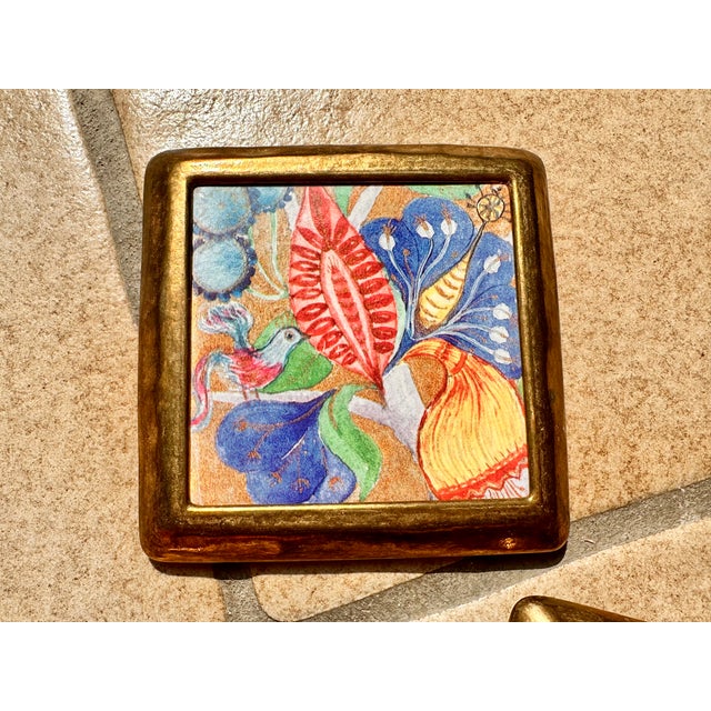 Blue Ceramic Tile Coasters with Brass Frames and Fairytale Motifs, Germany, 1970s, Set of 5 For Sale - Image 8 of 11