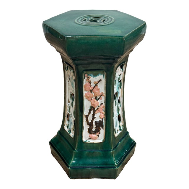 Vintage Majolica Style Green Glazed Garden Stool For Sale