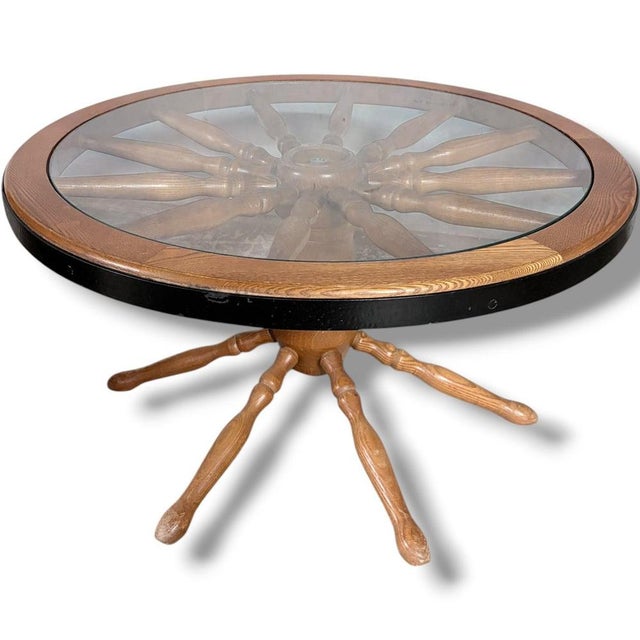 Wood Vintage Ship Wheel Table in Elm and Oak with Glass Top For Sale - Image 7 of 9